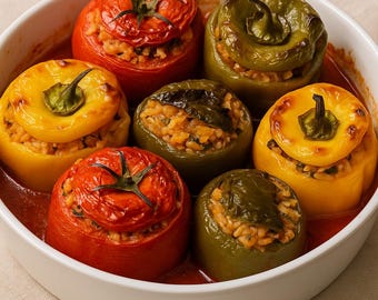 La mejor Gemista griega: Tomates y pimientos rellenos con arroz (opción vegana) - Tomates y pimientos rellenos con hierbas y arroz