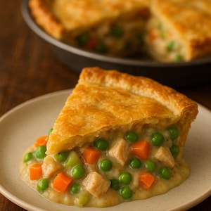Könnte beinhalten: Ein Stück Hähnchen-Pastete mit einer flockigen, goldbraunen Kruste. Die Füllung ist sichtbar und enthält Erbsen, Karotten und Hähnchen in einer cremigen Sauce.