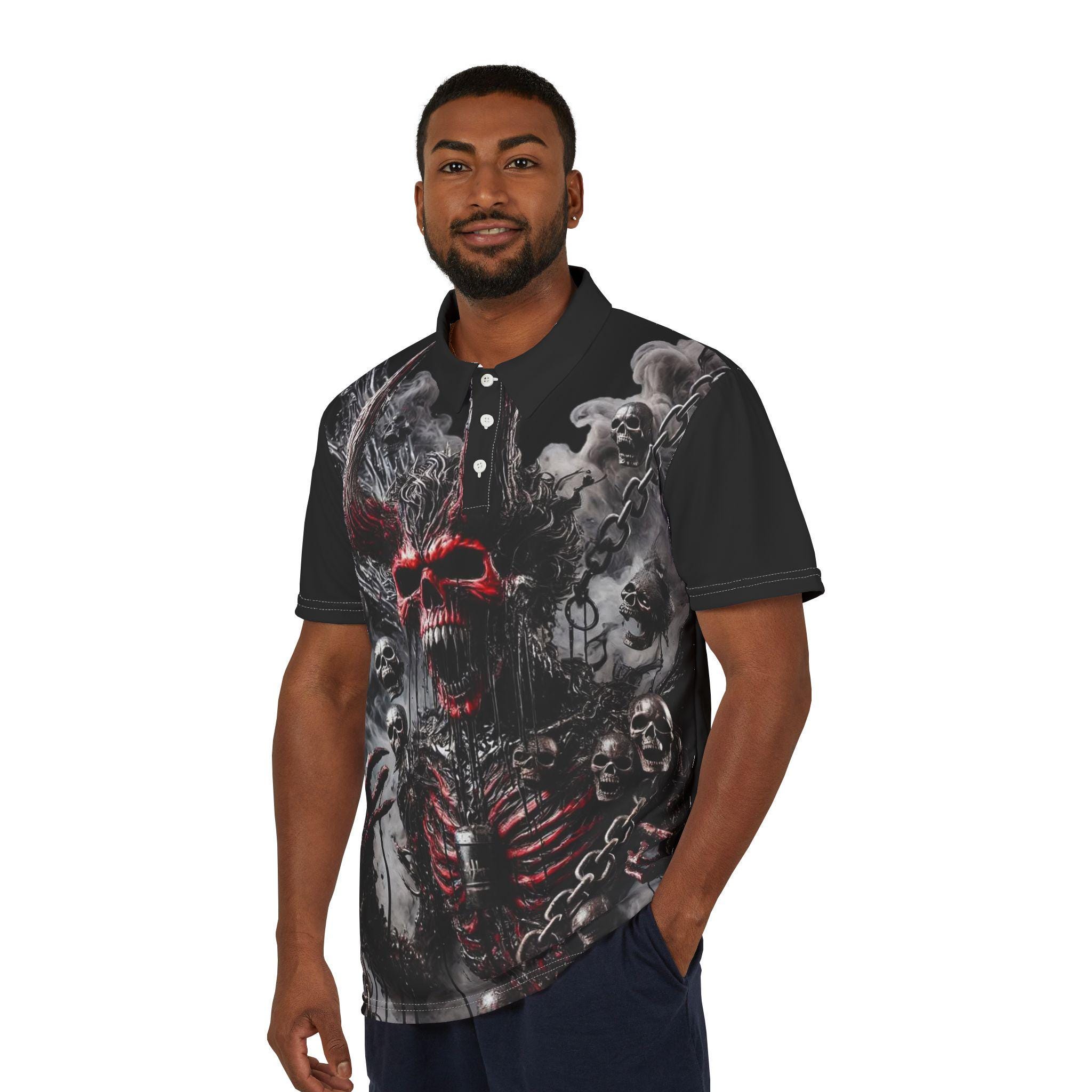 Gothic Demon Polo Shirt, Unisex Graphic Tee, Edgy Fashion Top, Halloween Wear, Unique Gift for Metal Lovers
