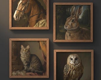 Oil Painting Animal Portrait Set of 4 | Dark Academia Renaissance Art | Vintage Pet Prints