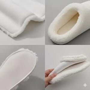 May include: A close-up of white, fluffy slippers. The slippers have a soft, plush interior and a textured exterior. The sole is a smooth, off-white material. The image shows different angles of the slippers, including the top, bottom, and side.