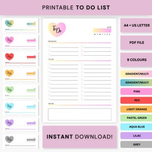May include: Printable to-do list with a heart-shaped "To Do" header in a gradient of colors. Includes sections for priorities, to-do items, and notes. Additional cards with heart-shaped "To Do" headers in various colors are also shown.