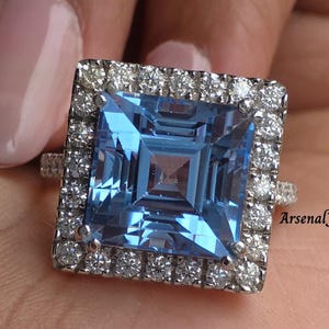Princess Cut Aquamarine Gemstone Square Shape Halo Set Proposal Gift Ring Antique Style Basket Set Ring 925Silver Half Eternity Vintage Ring