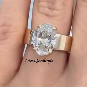 Solid Gold Oval Cut Moissanite Wedding Ring,Thick Wide Band Promise Vintage Ring, Gorgeous Design Engagement Ring,14k Yellow Gold Ring,Gifts