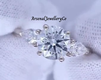 2 CT Brilliant Round Cut Trilogy Ring, Pear Cut Side Stones Moissanite Trellis Setting Ring, Solid Gold Cathedral Solitaire Designer Ring.