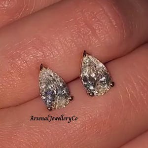Teardrop Shape Solitaire Earrings 2 TCW Pear Cut Stud Moissanite Earring, White Gold 3 Prong Set Earring, Women&#39;s Gift For Her Stud Earrings