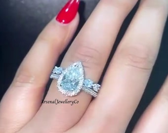 3.00 CT Pear Cut 14k White Gold Halo Set Moissanite Stacking Ring With Minimalist Matching Eternity Band. Unique Teardrop Ring Set For Women