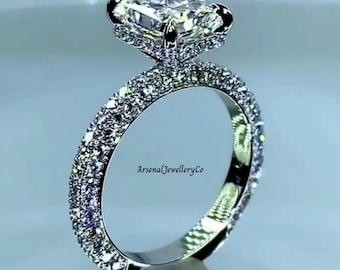 3 CT Radiant Cut Solitaire Ring, Antique Three Side Pave Setting Moissanite Ring, Wedding Promise Ring Radiant Hidden Halo, White Gold Ring.