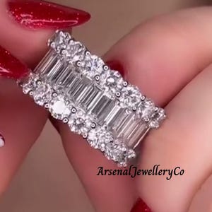 Round and Baguette Moissanite Diamond Wedding Ring 3 Row Eternity Baguette and Round Moissanite Engagement Ring Bridal Ring Stackable Band