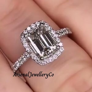 Emerald Cut Moissanite Ring 14K Gold Halo Solitaire Engagement Ring Emerald Diamond Ring 14K Pave Set Ring Promise Anniversary Gift for Her