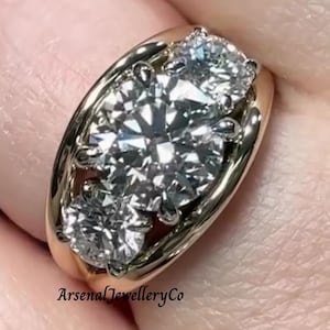 Three Stone Prong Set Ring Round Engagement Ring Moissanite Double Band Ring 10K Gold Ring Bridal Promise Ring Trinity Wedding Ring