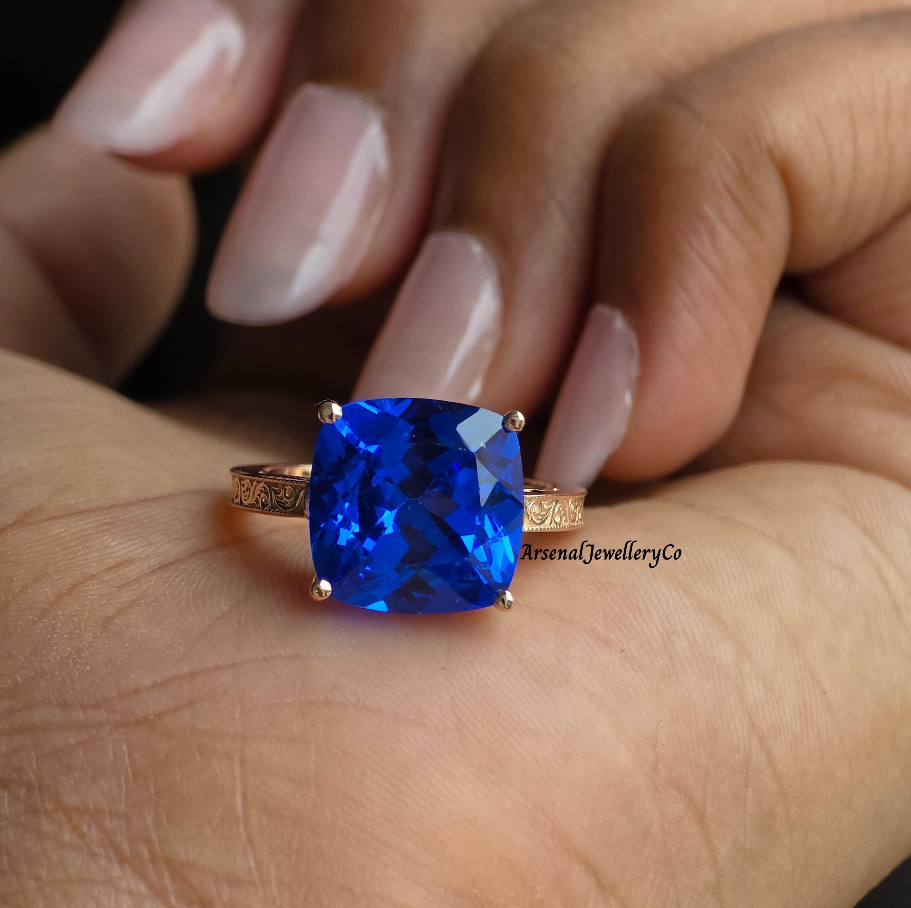 Cushion Cut Royal Blue Sapphire Engagement Ring, Solid Gold Cathedral Set Art Deco Jewelry, Unique Designer Filigree Style Ring For Women