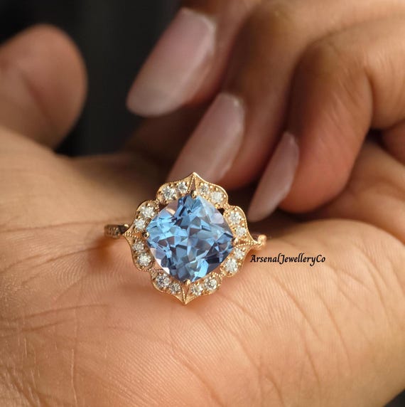 Vintage Cushion Cut Aquamarine Engagement Ring, Floral Halo With