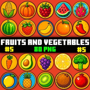 Fruits and Vegetables PNG Bundle – 80 High-Quality Badge Designs | Printable | Instant Download | Perfect for Stickers, T-Shirts & Gifts