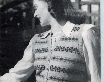 Gorgeous Fair Isle Sleeveless Cardigan Waistcoat 34 to 36 Bust Patons 183 Vintage Knitting Pattern Download