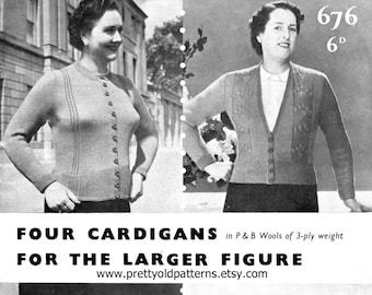 Fabulous 1940s 1950s Plus Size Cardigans 4 Designs 40 to 46 Bust Patons 676 Vintage Knitting Pattern Pdf