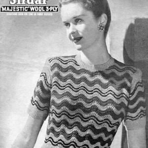 Classic 1940 Striped Fan and Feather Stitch Jumper Bust 35 36 Sirdar 1140 Vintage Knitting Pattern Download