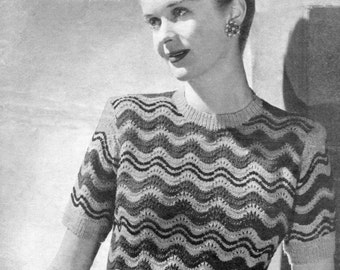 Classic 1940 Striped Fan and Feather Stitch Jumper Bust 35 36 Sirdar 1140 Vintage Knitting Pattern Download