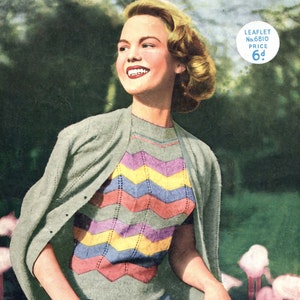 May include: A vintage knitting pattern for a "Morning Haze" sweater, featuring a colorful chevron design in shades of pink, yellow, blue, and purple. The pattern is made with Munrosun yarn and is sized 35/36 inches. The pattern is from a vintage leaflet, with a price of 6d.