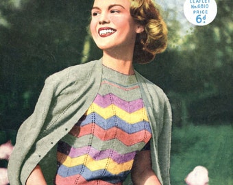 1950s Candy Stripe Twin Set Knitting Pattern, 34-36 Bust (Digital Download)