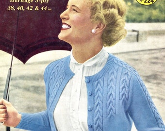 Wonderful 1950s Cable Cardigan in 4 Volup Sizes 38" to 44" Bust Marriner's 224 Vintage 1950s Knitting Pattern Download