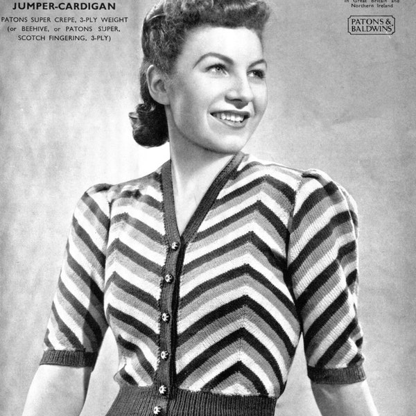 Amazing 1930s Striped Blouse Cardigan 33 to 34 Bust Patons 3640 Vintage Knitting Pattern Download PDF