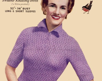 Lovely High Collar Summer Mesh Jumper 32" to 36" Bust Robin 456 Vintage 1950s Knitting Pattern Download