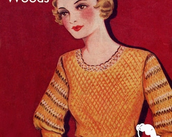 Beautiful Open Work Crochet Sweater with Knitted Sleeves 33 Bust 1930s Vintage Knitting Pattern Instant Download PDF