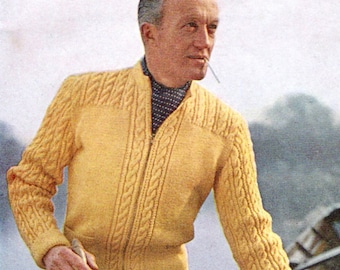 Mens Sweater Cardigan with  Cables and Zip 40 to 42 Chest Greenock BX186 1950s Vintage Knitting Pattern Double Knit Instant PDF Download