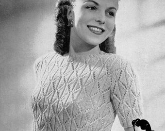 Lovely Diamond Lacy Jumper 34 Bust Weldons 615 1940s Vintage Knitting Pattern Instant Download