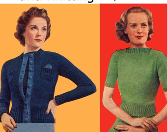 Ladies 1930s Autumn Twin Set with Contrast Bands 35 to 36 Bust Good Needlework and Knitting Vintage Knitting Pattern
