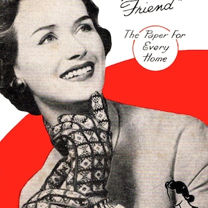 May include: A vintage knitting book cover featuring a woman wearing a knitted scarf and gloves. The cover is red and white with the title "The Sanquhar Knitting Book" and the text "Presented with "People's Friend" The Paper For Every Home".