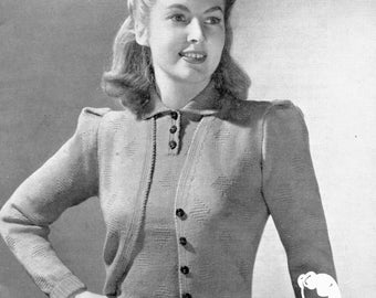 Ladies Diamond Twin Set 32 to 34 Bust Jumper and Cardigan 1940s Vintage Knitting Pattern Patons 129