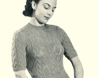 Ladies 1940s Diamond Lace and Cable Jumper 38" to 40" Bust Plus Size Patons 424 Vintage Knitting Pattern Instant Download