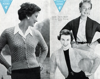 1950s Meshy Cardigan and Eyelet Bolero Multi-size 33 to 38 Bust Bestway A2583 Knitting Pattern Pdf Download