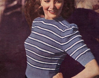 1940er Jahre Streifenpullover, Strickmuster, Puffärmel (Instant Download)