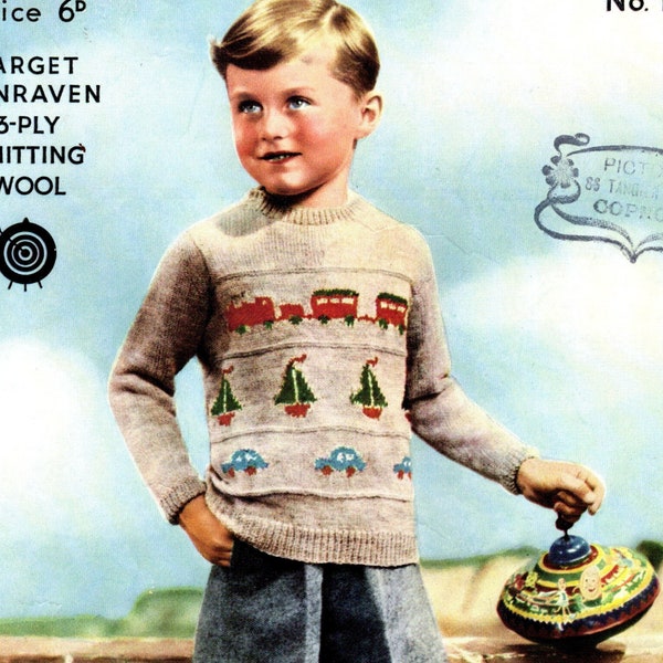 Boy's 1950s Jumper Sweater Intarsia Motifs Train Car and Boat 24 to 26 inch chest Lee Target 1037 Vintage Knitting Pattern Instant Download