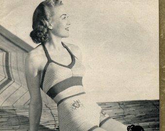 1940s Ladies Mermaid Beach Suit Bikini and Skirt 34 to 35 Bust Patons 337 Vintage Knitting Pattern Instant Download