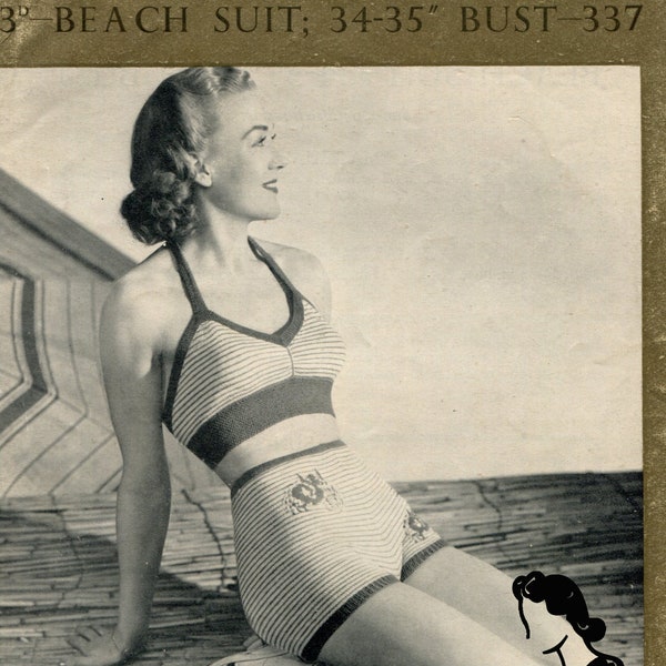 1940s Ladies Mermaid Beach Suit Bikini and Skirt 34 to 35 Bust Patons 337 Vintage Knitting Pattern Instant Download