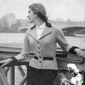 May include: Black and white vintage knitting pattern for a cardigan with a collar and button closure. The pattern is for a 34-inch bust and uses Patons Double Quick or Moorland Double Knitting yarn. The pattern is from Pretty Old Patterns and recommends using P&B wools.