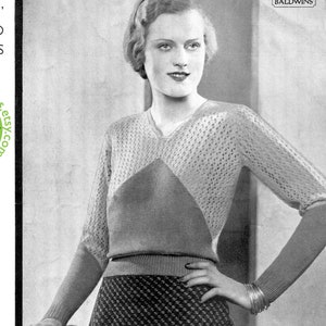 Fabulous Early 1930s 2 Colour Lace Jumper Sweater 36 Bust Patons 3406 Vintage Knitting Pattern Instant Digital Download