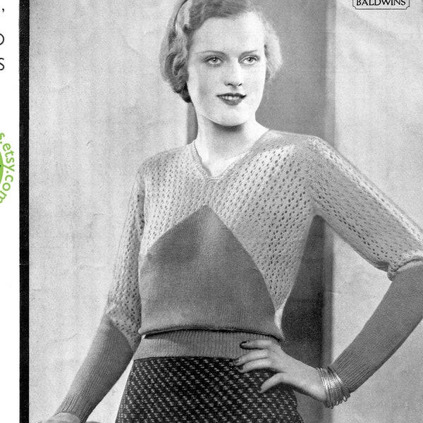 Wspaniały sweter z koronki z początku lat 30. XX wieku w 2 kolorach, 36 biustów, Patons 3406, wzór na robótki na drutach, natychmiastowe pobranie cyfrowe