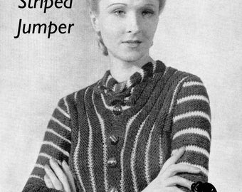Wonderful Late 1930s Striped Jumper in 2 Weights 34 to 38 Bust Vintage Knitting Pattern Instant Download