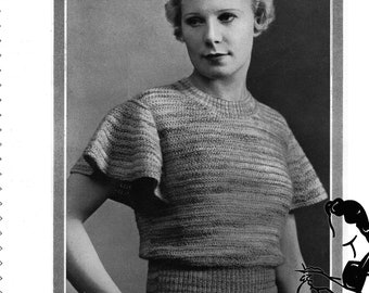 Summer Top with Epaulettes Drop Stitch Lace Bust 34 Templetons 39 1930s Vintage Knitting Pattern Download