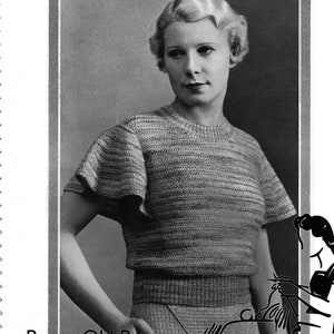 May include: A black and white vintage knitting pattern for a women's sweater with a crew neck and short sleeves. The pattern is from Templeton's "Ayrfleck" Soft Knitting Wool. The pattern is for a smart jumper with epaulettes. The pattern is number 39 and the price is 2 pence.