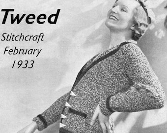 Wonderful 1930s Walking Cardigan Jacket and Cap Knitted Tweed Pattern 36 Bust Stitchcraft 1933 Vintage Knitting Pattern Pdf