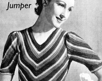 Molde de blusa de crochê dos anos 1930, suéter listrado de verão (download digital)