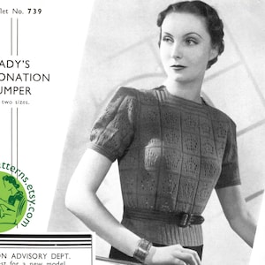 May include: A knitting pattern for a women's sweater, called "Lady's Coronation Jumper." The pattern is for a short-sleeved sweater with a lace design. The pattern is made with 2-ply "Excelsior" Shetland wool. The pattern is from Copley's, Manchester and London.