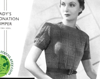 1937 Lady’s Coronation Jumper Sweater with Crowns Bust 32 to 33 and 34 to 35  Copleys 739 1930s Vintage Knitting Pattern PDF Download