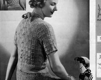 Button Back Checker Board Blouse Bust 34 to 35 Munrospun 64 Early 1930s Vintage Knitting Pattern Instant PDF Download